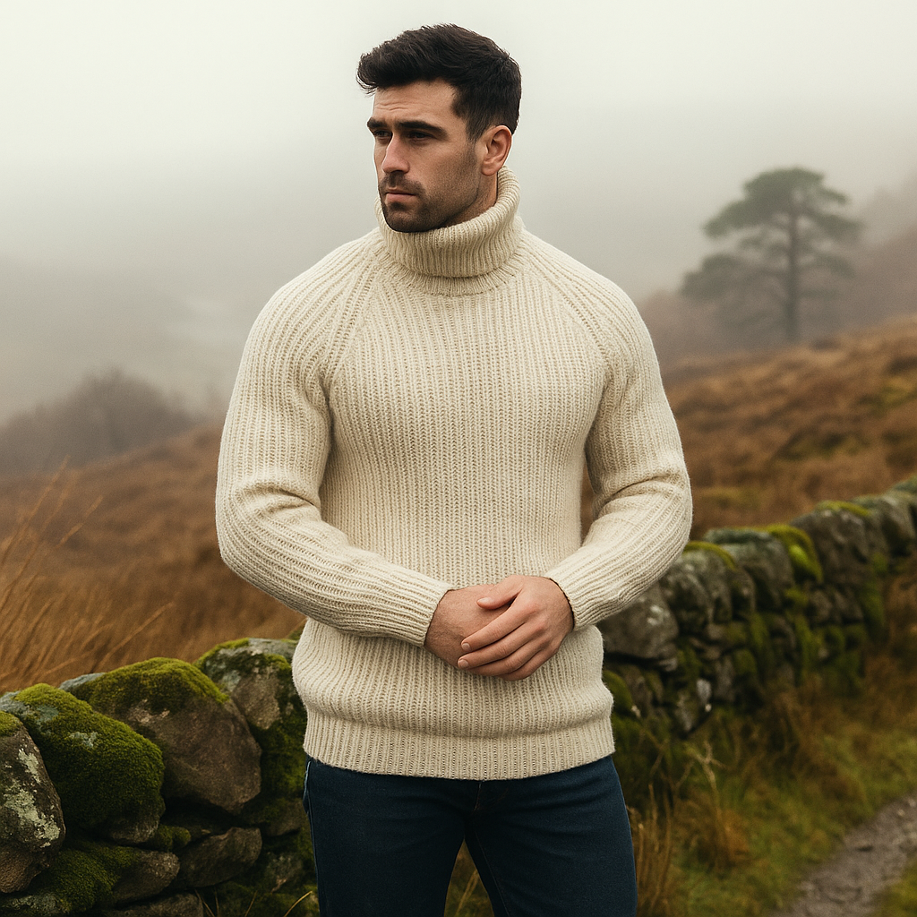 Gruby wełniany sweter męski z wysokim kołnierzem