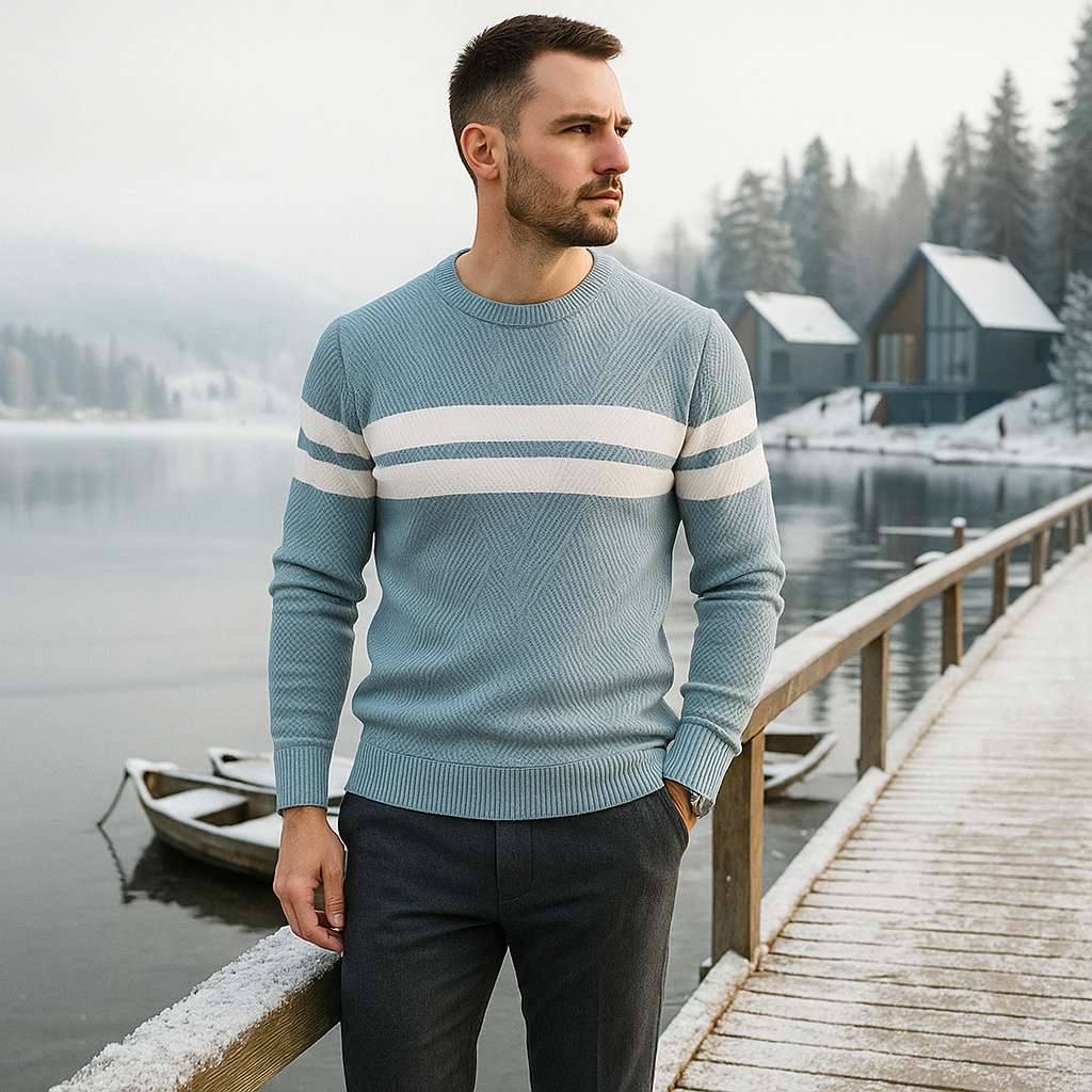 Męski sweter w paski - okrągły dekolt - klasyczny nowoczesny