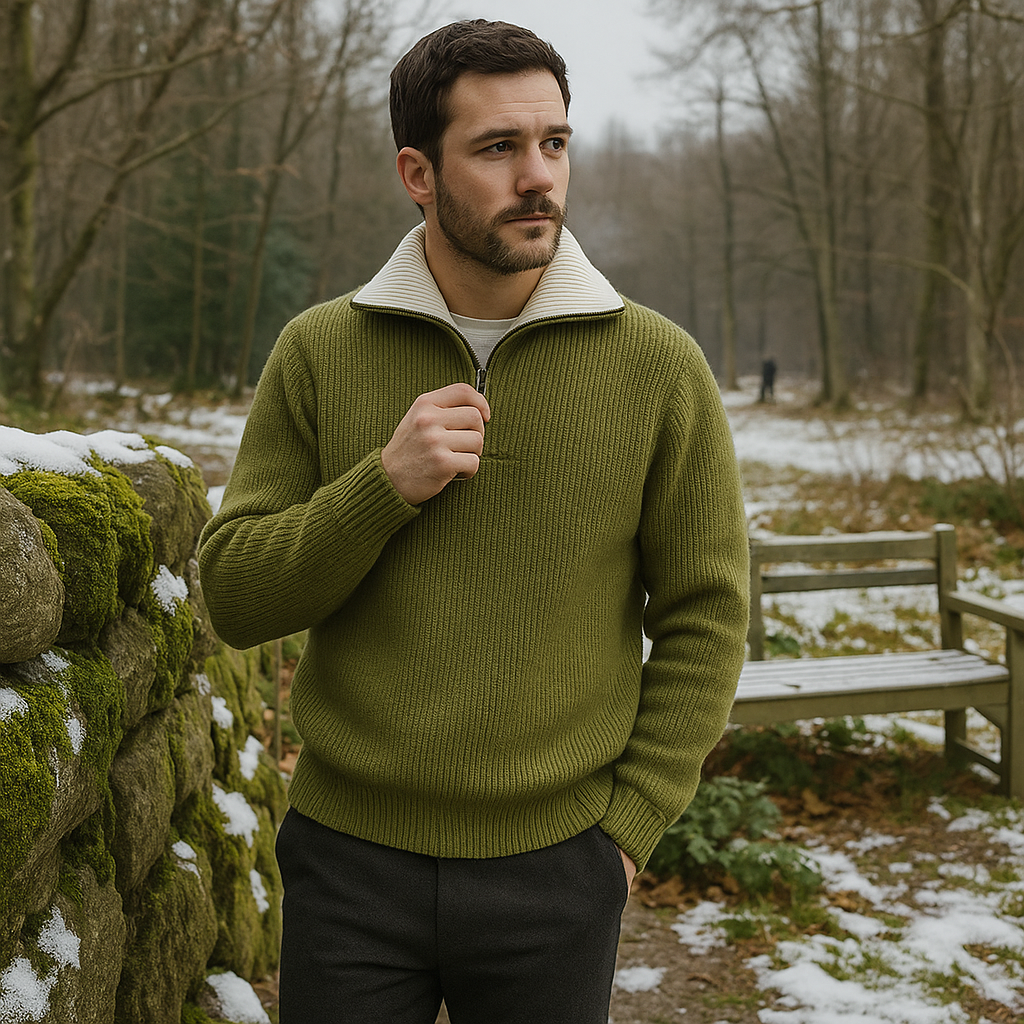 Męski sweter - kołnierz stójkowy - zamek błyskawiczny