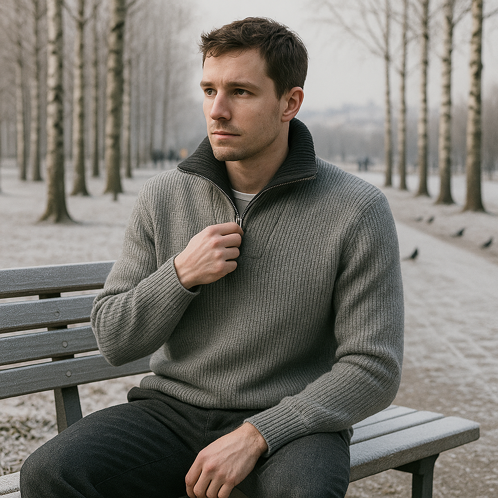 Męski sweter - kołnierz stójkowy - zamek błyskawiczny
