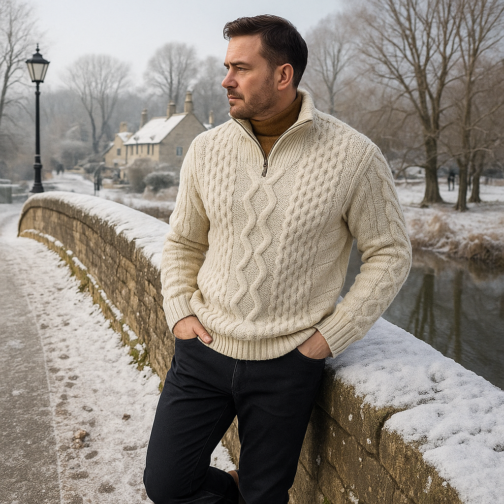 Gestrickowany premium - męski sweter - pół-zamek