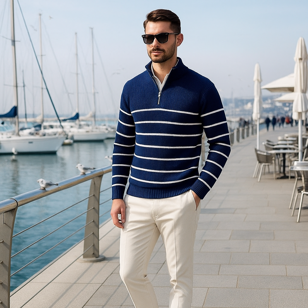 Pasiasty męski sweter z bawełny - lekki - casual - długi rękaw