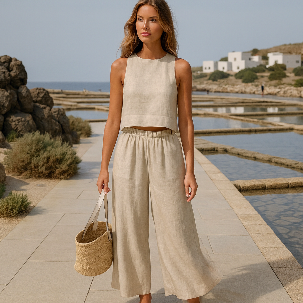 Lniany zestaw damski Estrella - Krótki top - szerokie spodnie