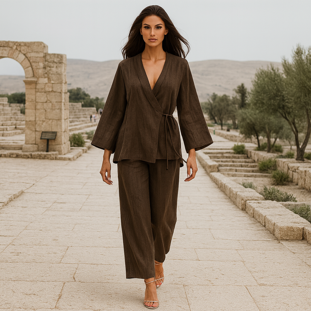 Garnitur damski lniany - elegancki - letni - komplet dwuczęściowy