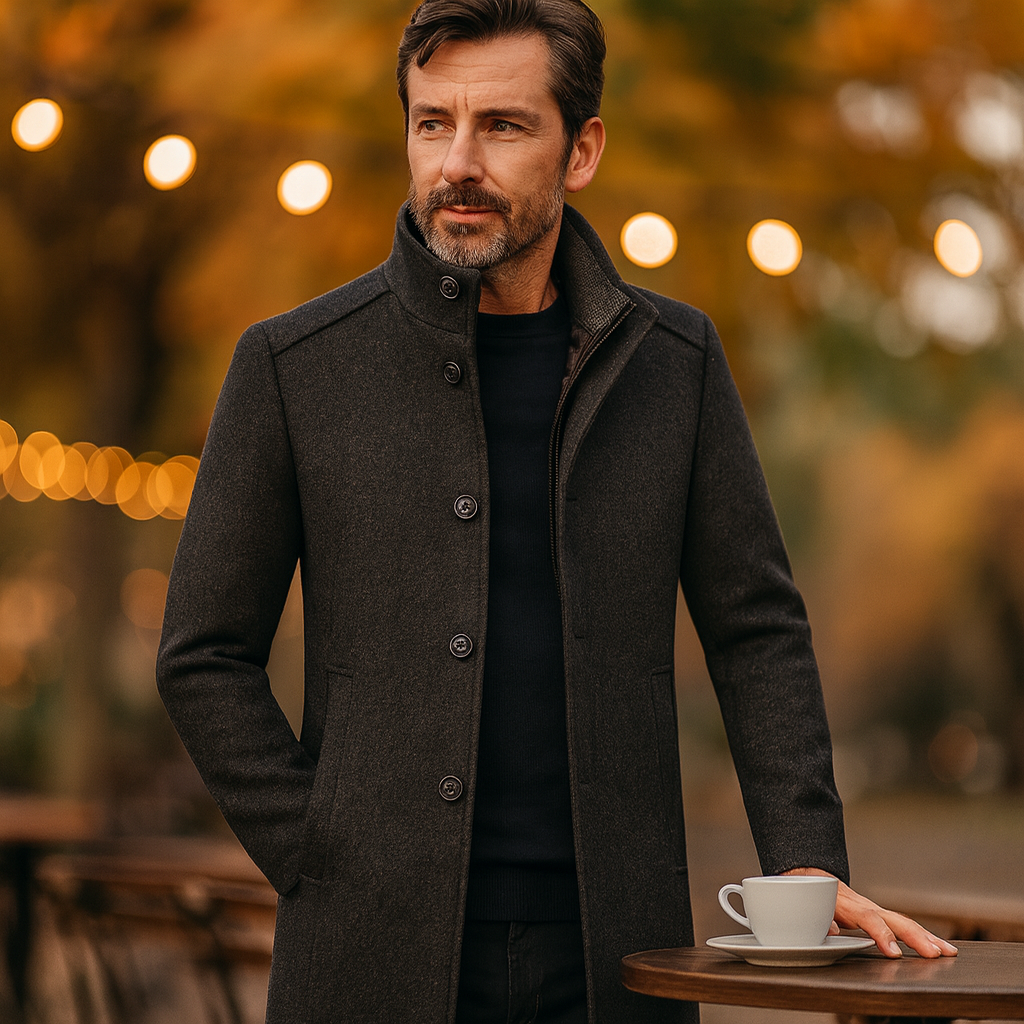 Męski pikowany zimowy płaszcz ze stojącym kołnierzem