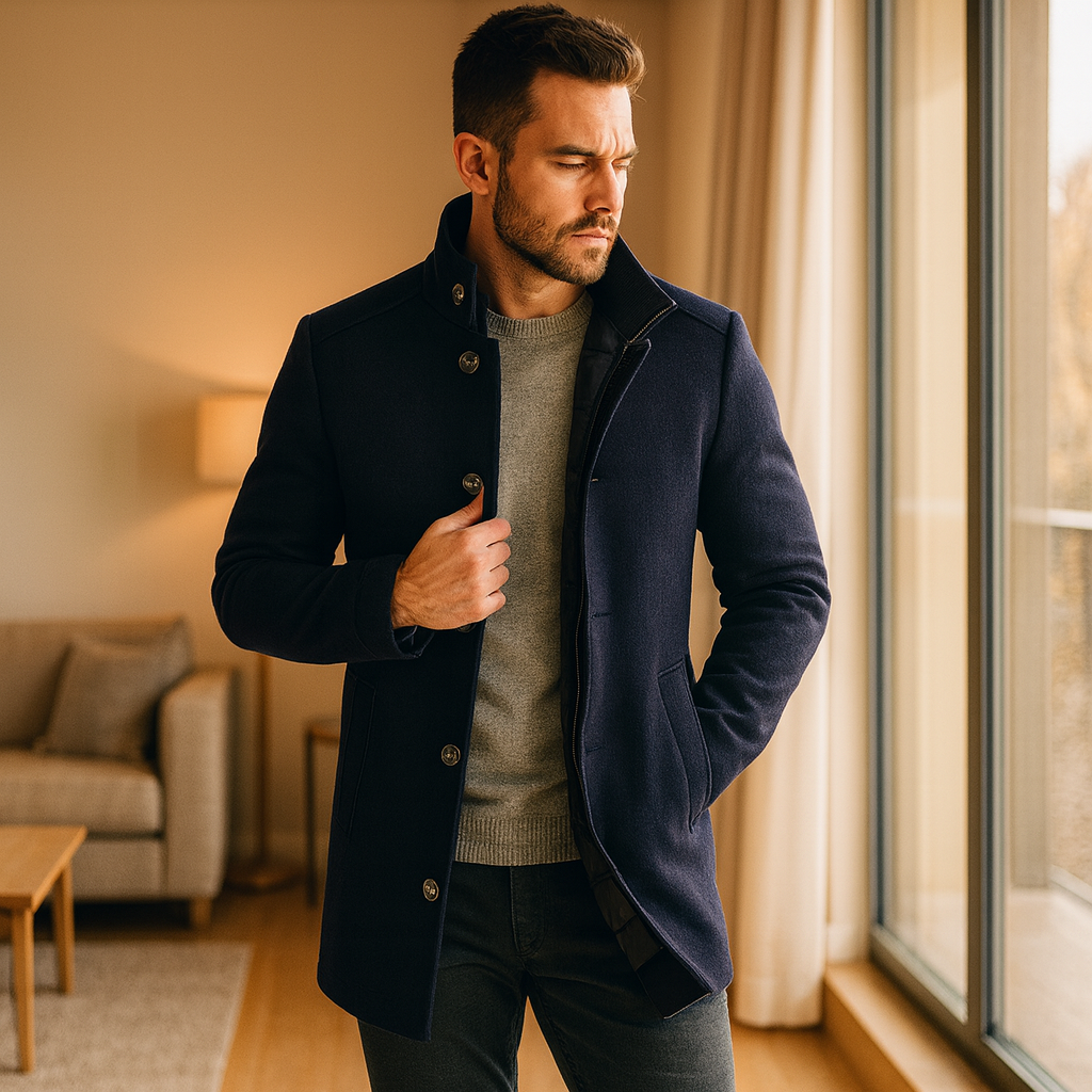 Męski pikowany zimowy płaszcz ze stojącym kołnierzem