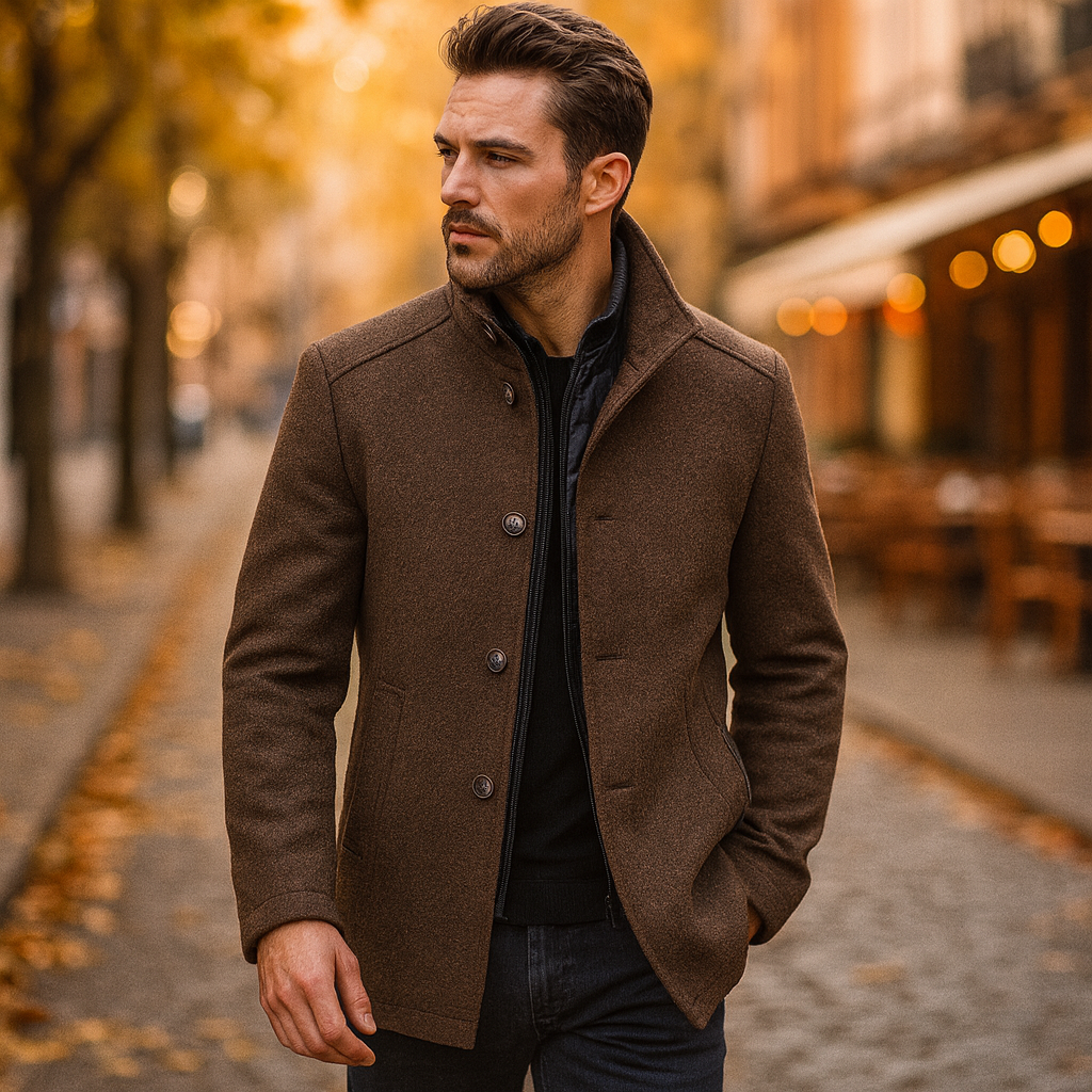 Męski pikowany zimowy płaszcz ze stojącym kołnierzem