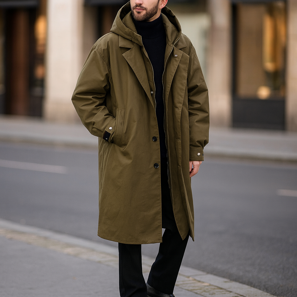 Męski długi wodoodporny puchowy trench z kapturem