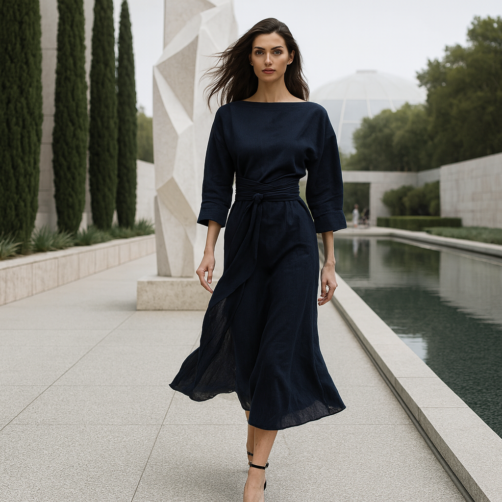 Lniana Sukienka Maxi z Wiązaniem – Sukienka Wieczorowa Boho