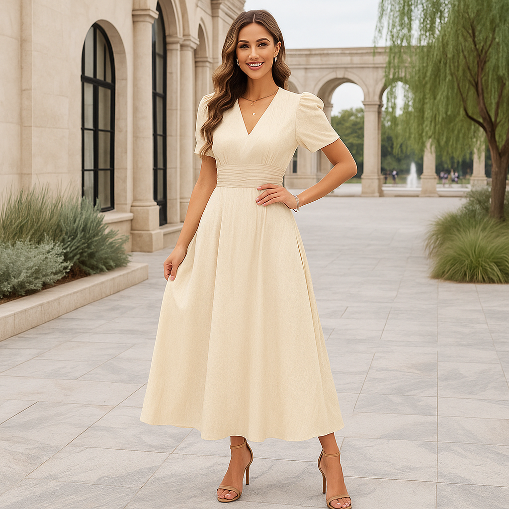 Sukienka wieczorowa maxi z dekoltem w serek i bufkami