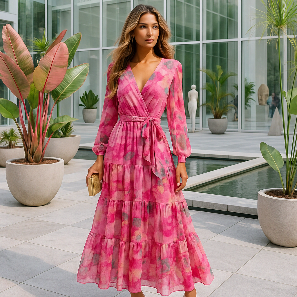 Długa wieczorowa sukienka z kwiatowym wzorem – pasek