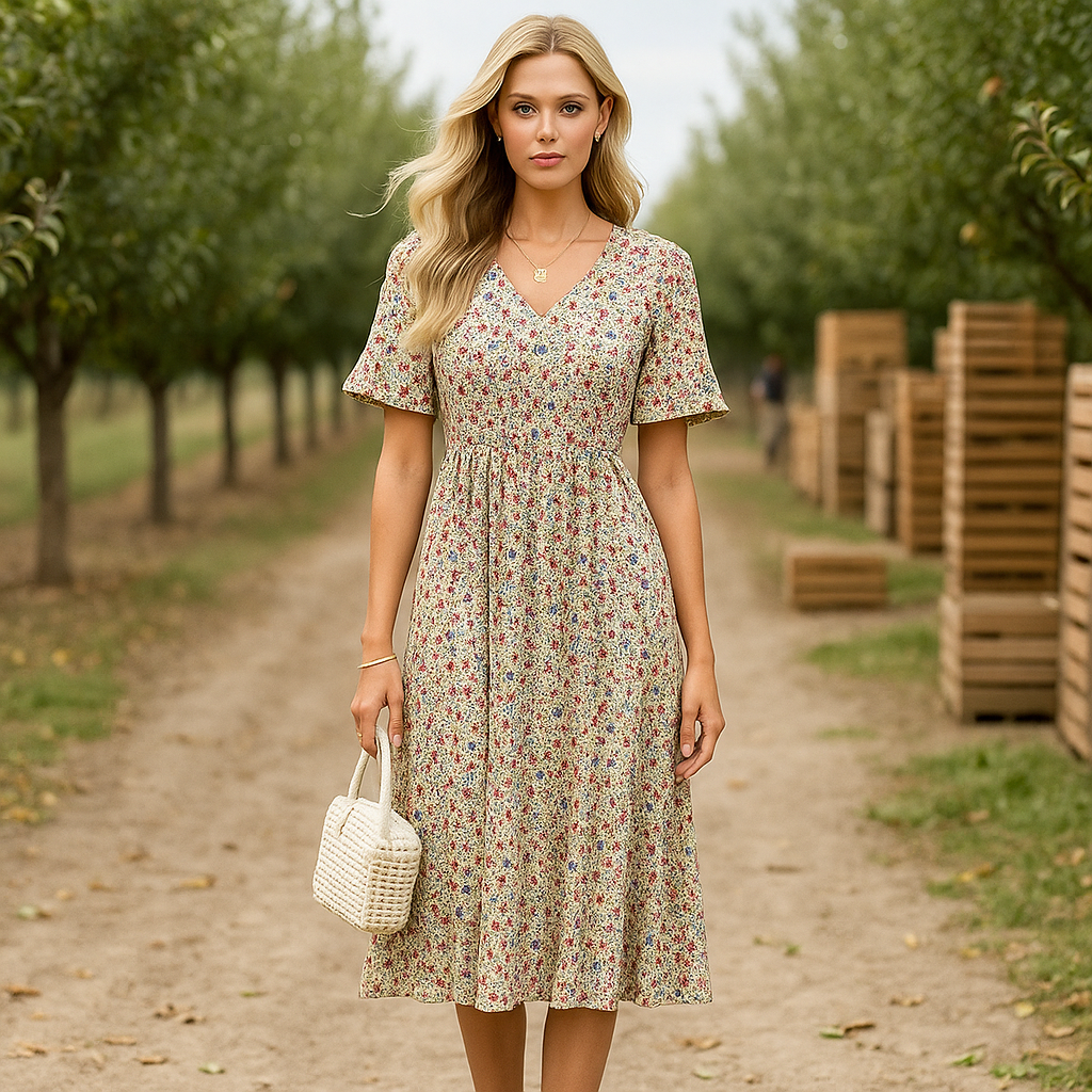 Emery – Elegancka wieczorowa sukienka midi z kwiatowym wzorem – długi rękaw