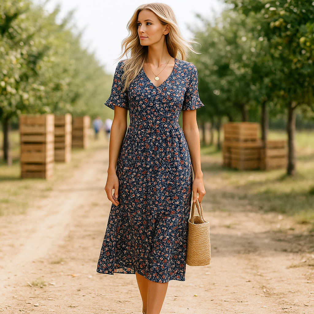 Emery – Elegancka wieczorowa sukienka midi z kwiatowym wzorem – długi rękaw