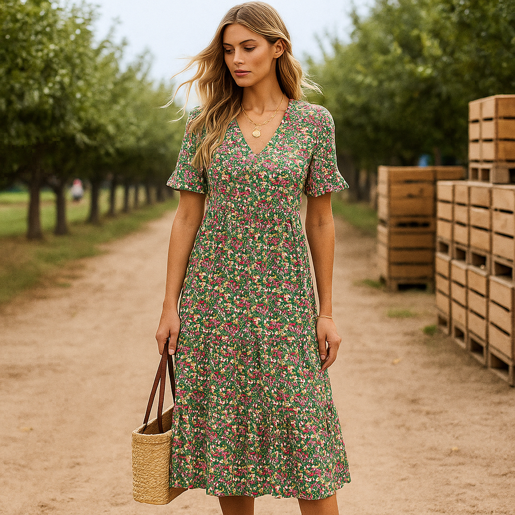 Emery – Elegancka wieczorowa sukienka midi z kwiatowym wzorem – długi rękaw