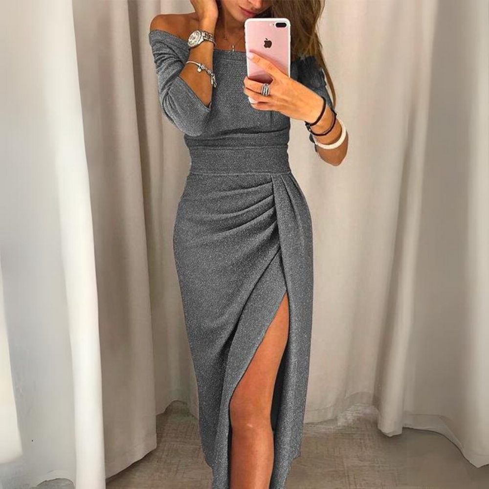 Sukienka wieczorowa – elegancka połyskująca sukienka z rozcięciem