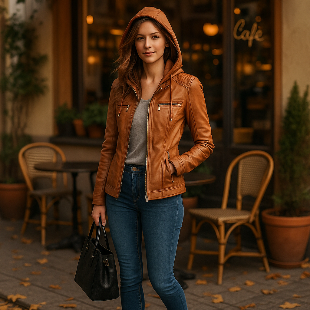 Vivano Damska Skórzana Kurtka z Kapturem