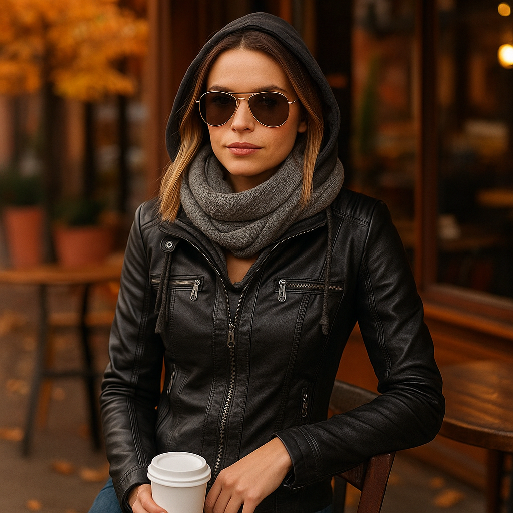 Vivano Damska Skórzana Kurtka z Kapturem