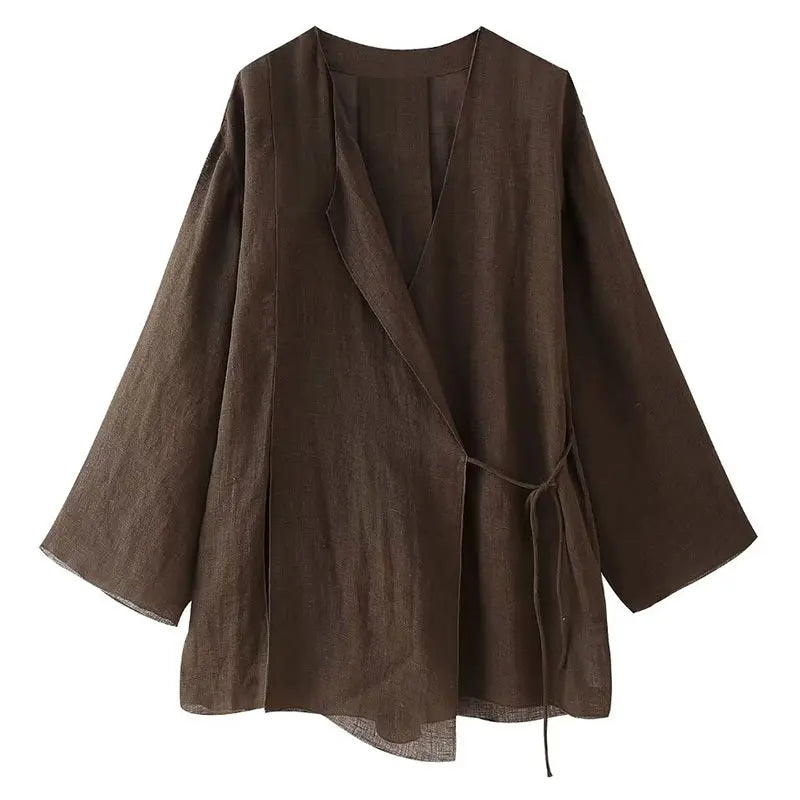 Garnitur damski lniany - elegancki - letni - komplet dwuczęściowy