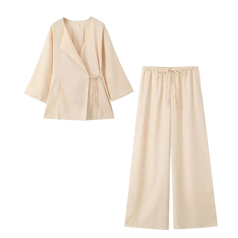 Garnitur damski lniany - elegancki - letni - komplet dwuczęściowy