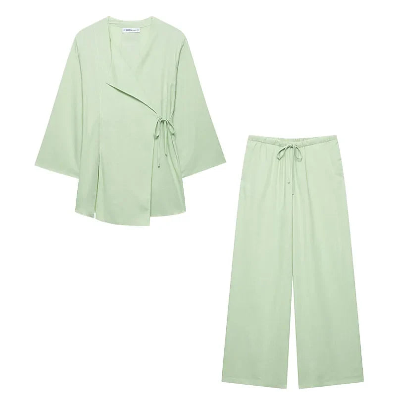 Garnitur damski lniany - elegancki - letni - komplet dwuczęściowy