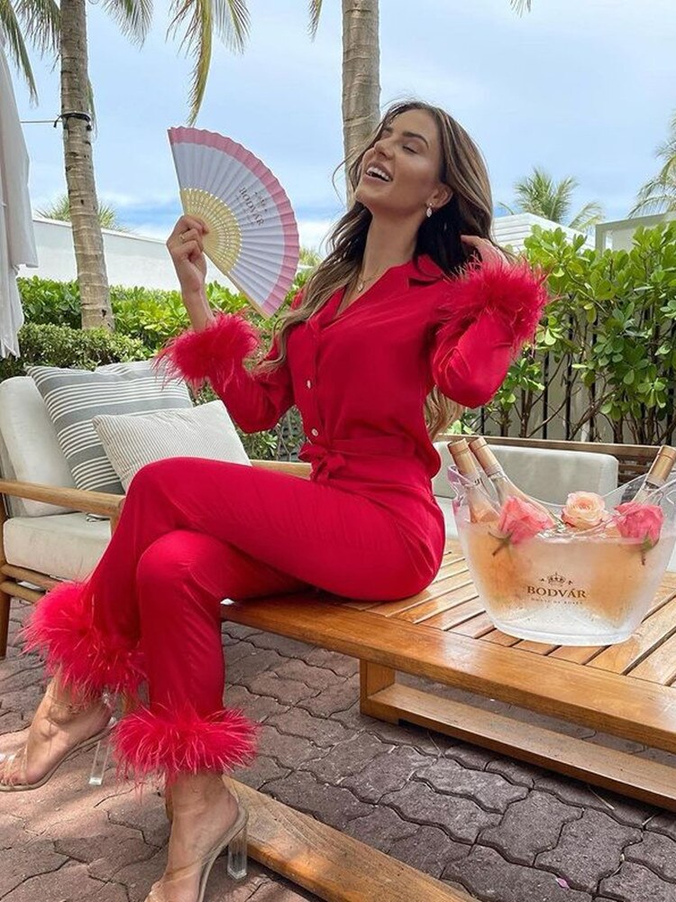 Sianna - Elegancki dwuczęściowy zestaw z piórami - dla kobiet