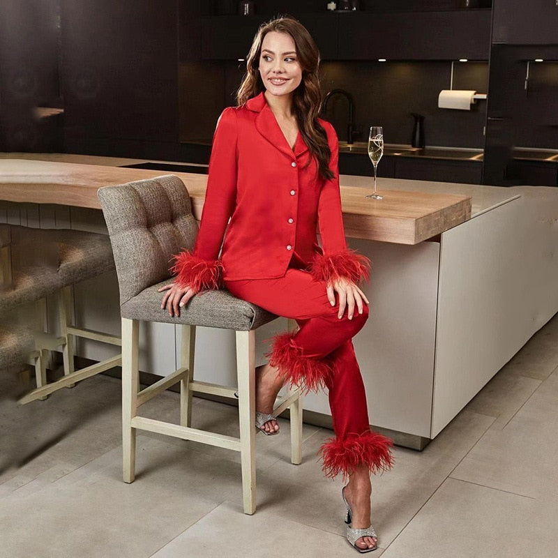 Sianna - Elegancki dwuczęściowy zestaw z piórami - dla kobiet