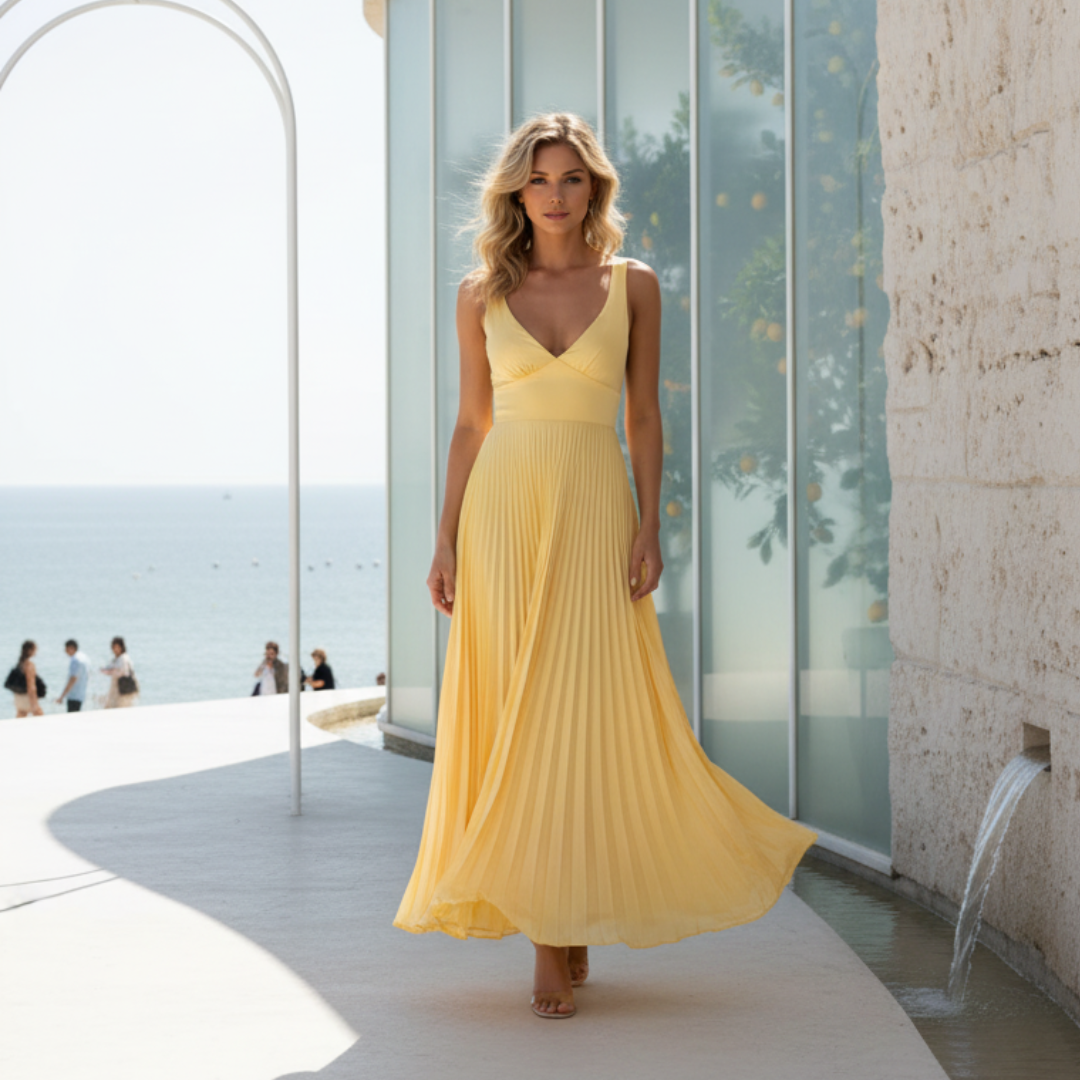 Sukienka wieczorowa maxi – plisowana A-linia z dekoltem w serek