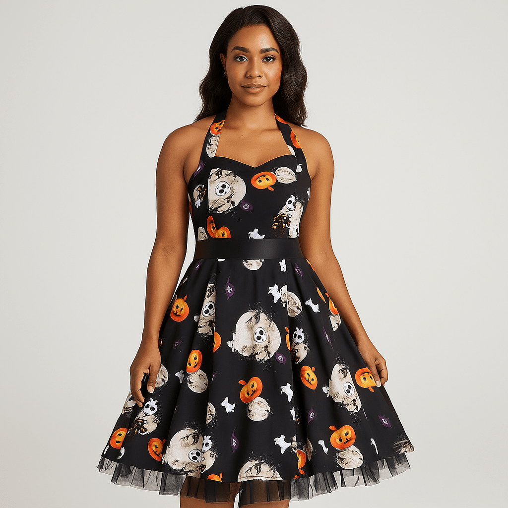 Alessandra Halloween Midi Sukienka - Print Kreskówki - Unikalny Styl - vivano - warszawa