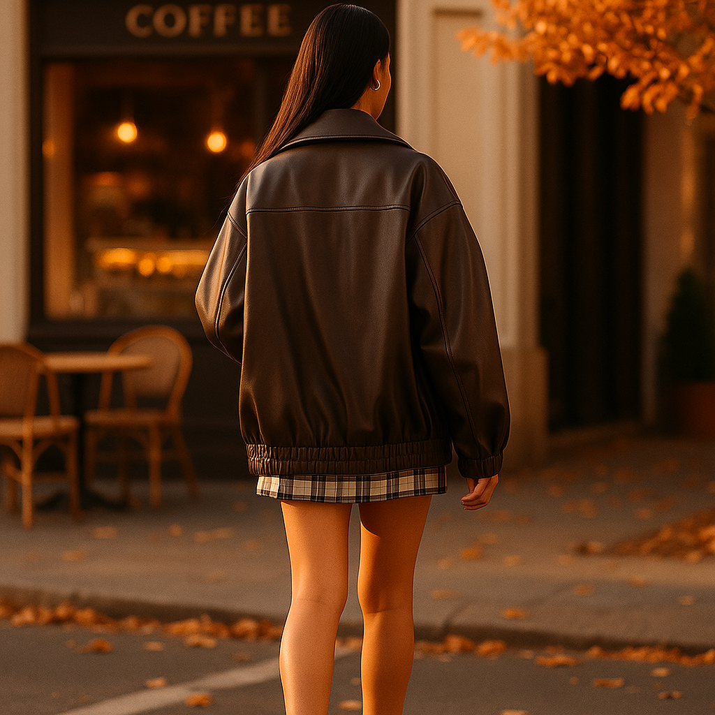 Damska Kurtka Skórzana z Zamkiem i Luźnym Krojem