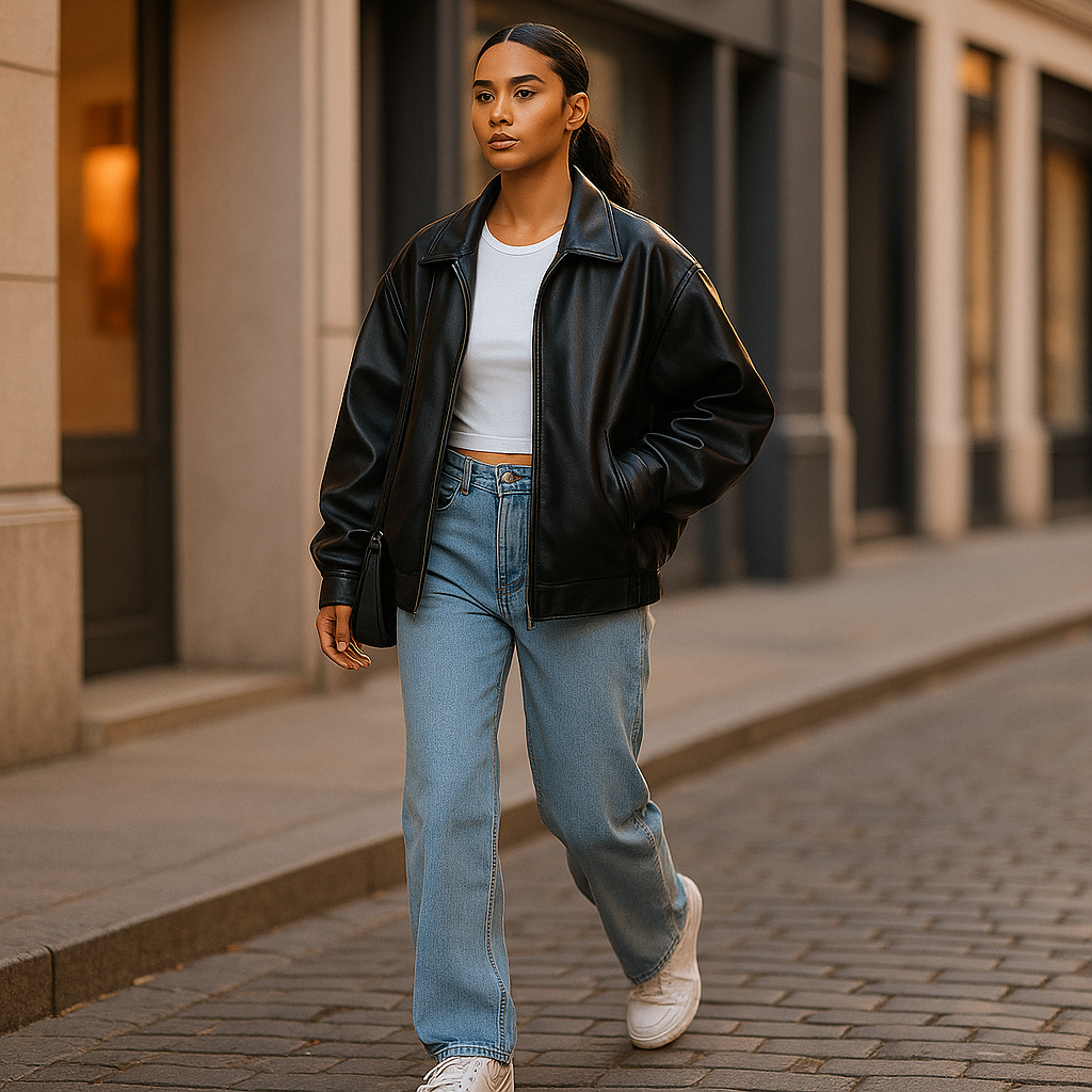 Damska Kurtka Skórzana z Zamkiem i Luźnym Krojem