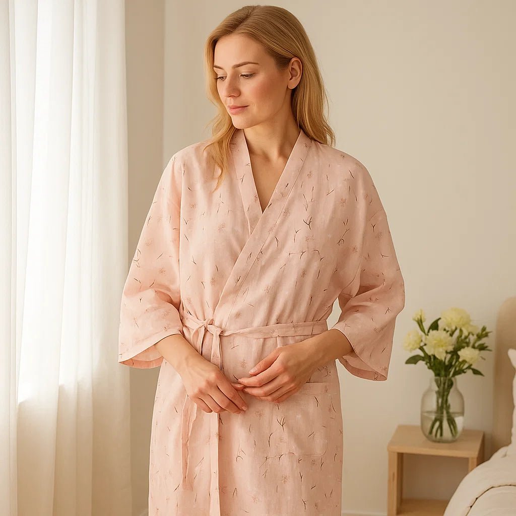 BloomLuxe – Wyrafinowany Bawełniany Szlafrok z Japońskimi Wpływami dla Czystej Relaksacji
