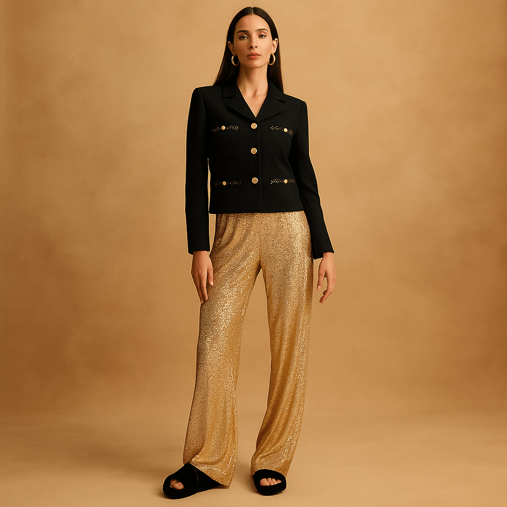 Błyszczące spodnie z cekinami - Wysoki stan - Damskie Luo - vivano - warszawa