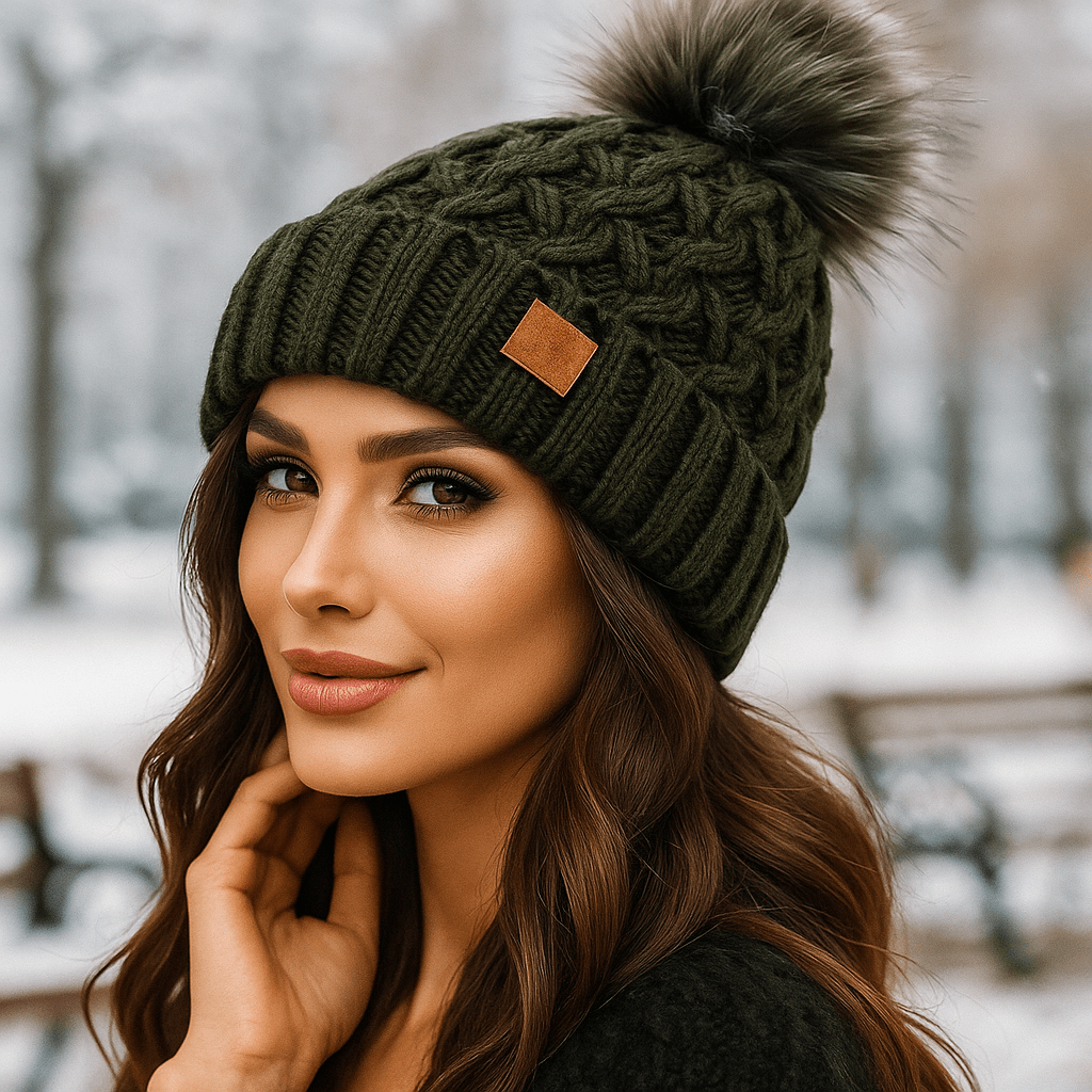 Czapka zimowa z pomponem, dzianina warkoczowa