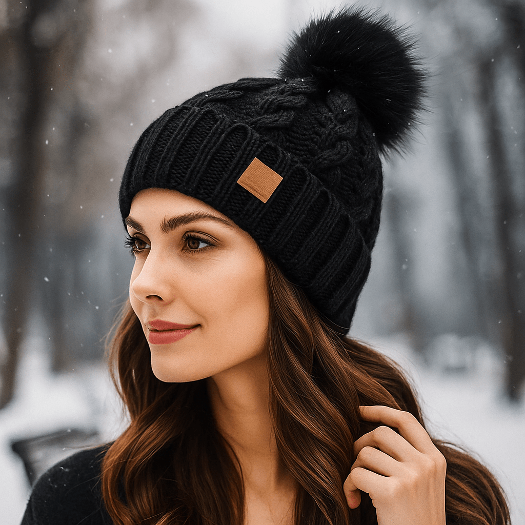 Czapka zimowa z pomponem, dzianina warkoczowa