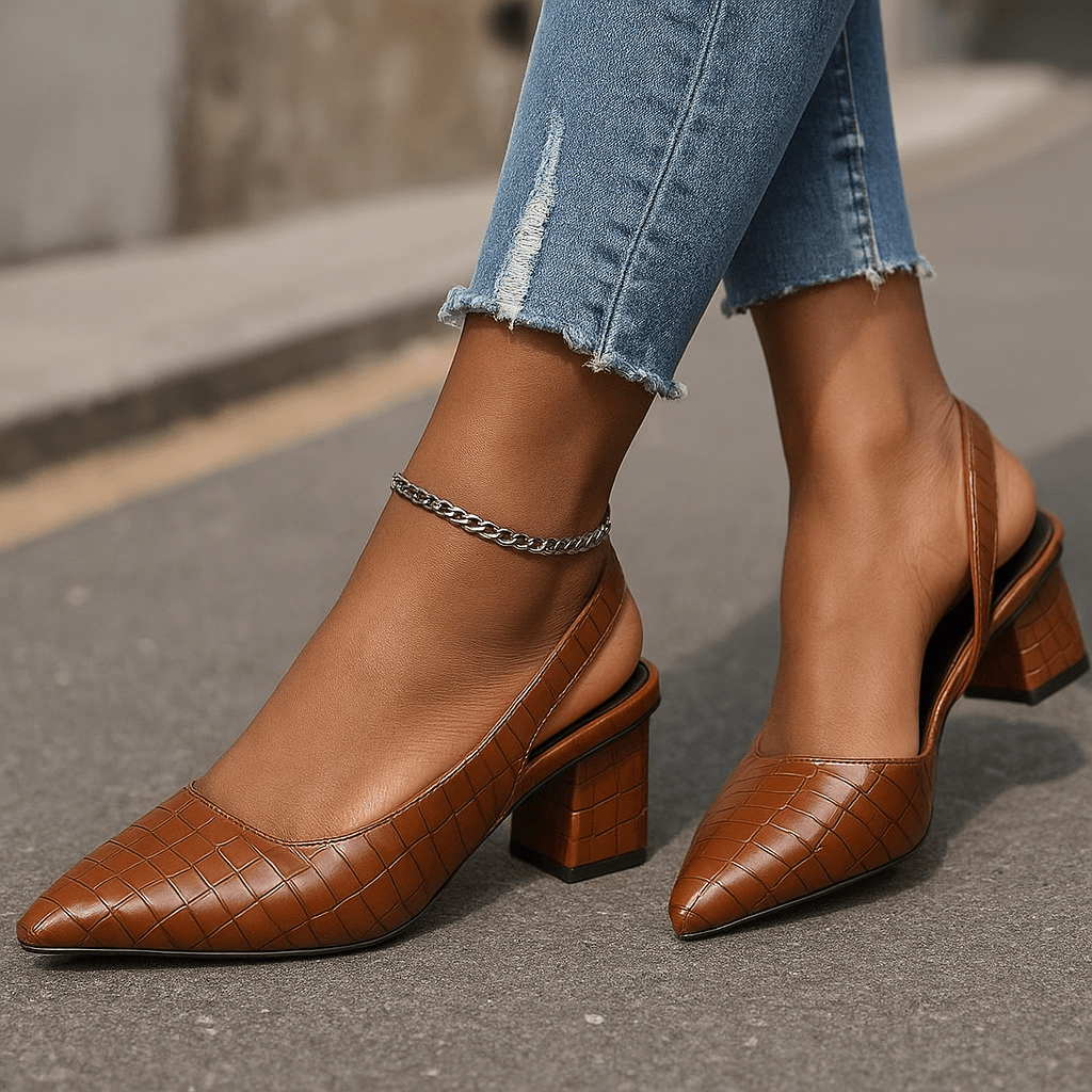 Czółenka slingback damskie skórzane krokodyl na obcasie - vivano - warszawa