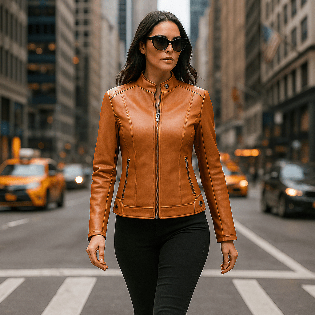 Damska Kurtka Skórzana - Elegancki Design - Kołnierz Mao - Komfort - vivano - warszawa
