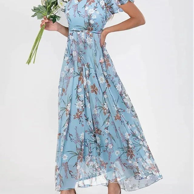 Damska szyfonowa sukienka maxi w kwiaty z krótkim rękawem i dekoltem V - vivano - warszawa