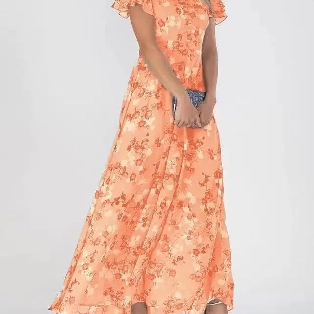 Damska szyfonowa sukienka maxi w kwiaty z krótkim rękawem i dekoltem V - vivano - warszawa