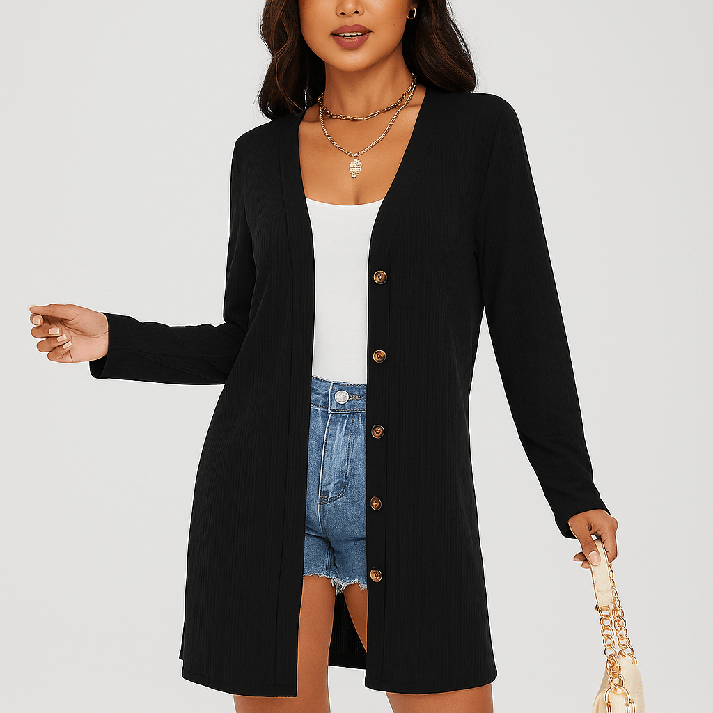 Damski Kardigan z Długim Rękawem - Guziki - Strukturalny Design - vivano - warszawa