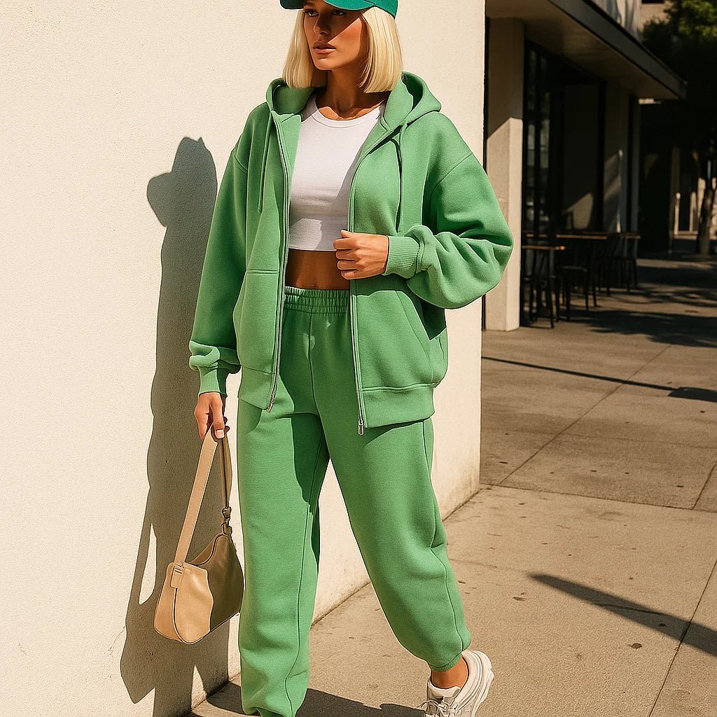 Damski polarowy zestaw sportowy - Bluza z kapturem - Spodnie dresowe