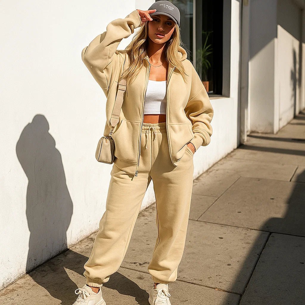 Damski polarowy zestaw sportowy - Bluza z kapturem - Spodnie dresowe