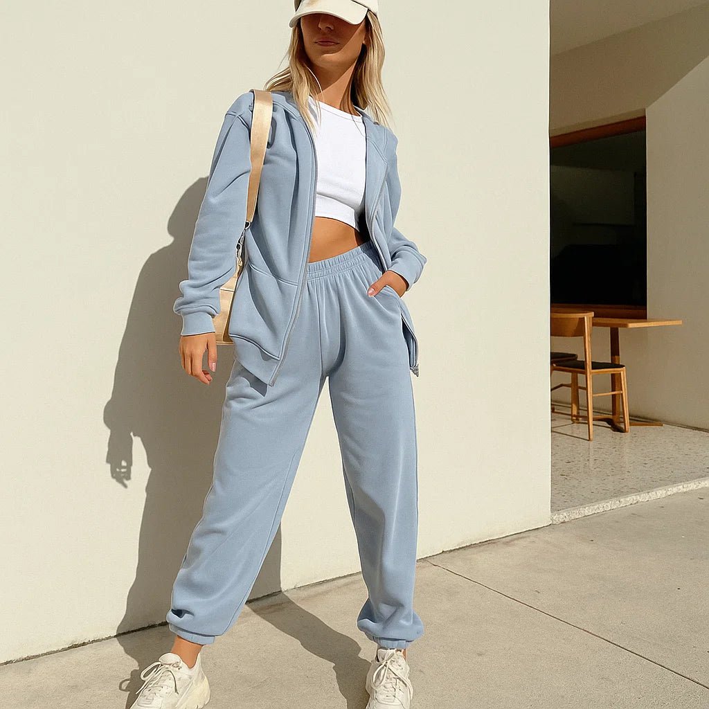 Damski polarowy zestaw sportowy - Bluza z kapturem - Spodnie dresowe