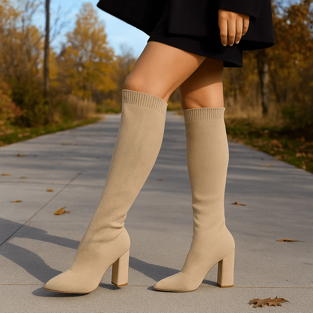 Damskie Kozaki Do Kolan - Elastyczny Strukturalny - Slim Fit - Spiczaste Noski - Słupkowe Obcasy - vivano - warszawa