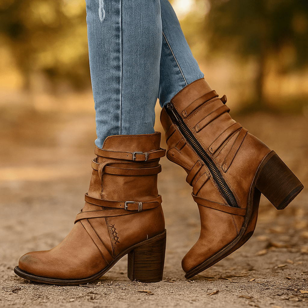 Damskie Skórzane Botki - Zużyty Wygląd - Zapięcie Z Boku - Chunky Obcas - vivano - warszawa