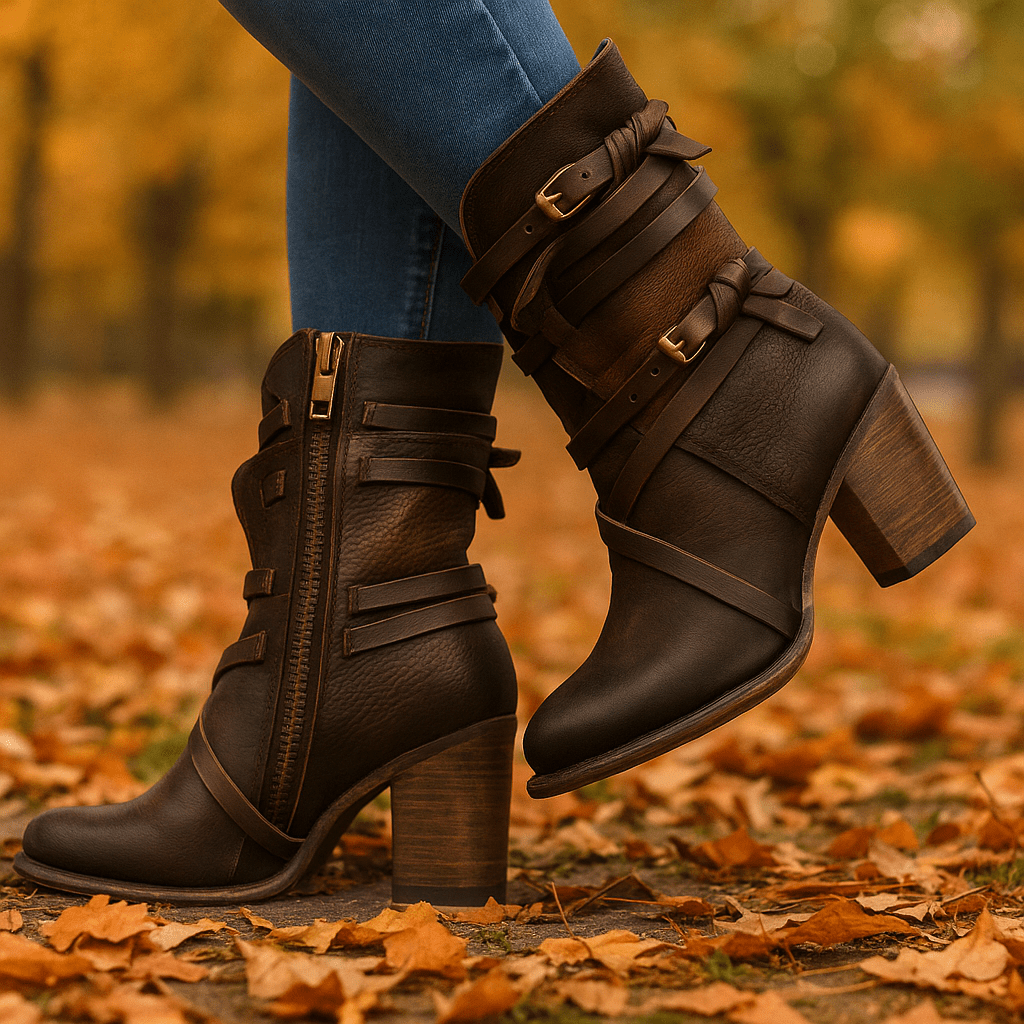 Damskie Skórzane Botki - Zużyty Wygląd - Zapięcie Z Boku - Chunky Obcas - vivano - warszawa