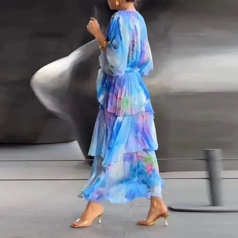 Długa zwiewna sukienka z falbanami i wiązaniem w talii - vivano - warszawa