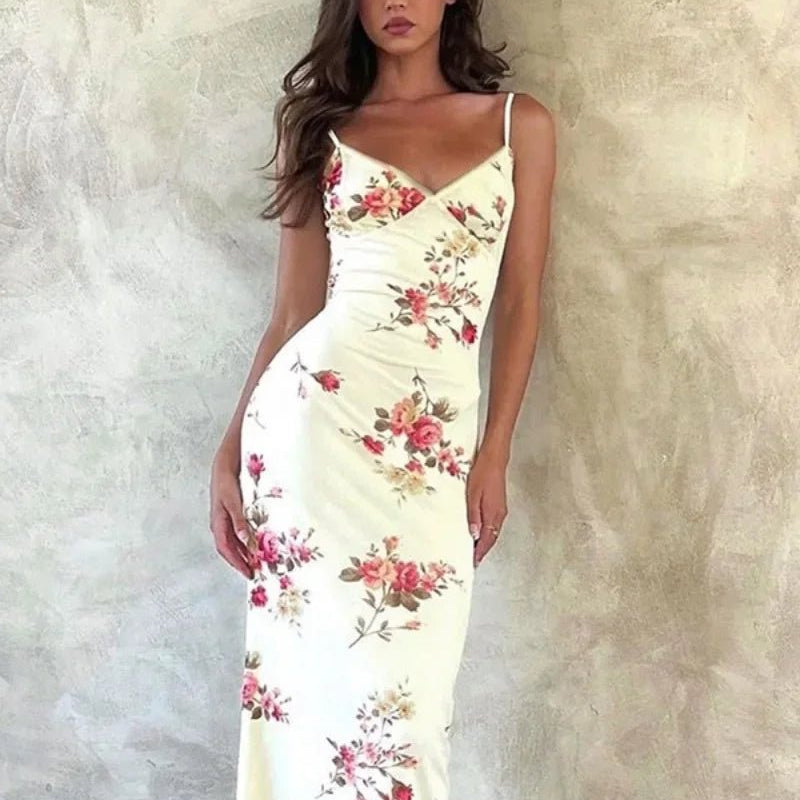 Dopasowana sukienka maxi na ramiączkach z motywem kwiatowym - vivano - warszawa