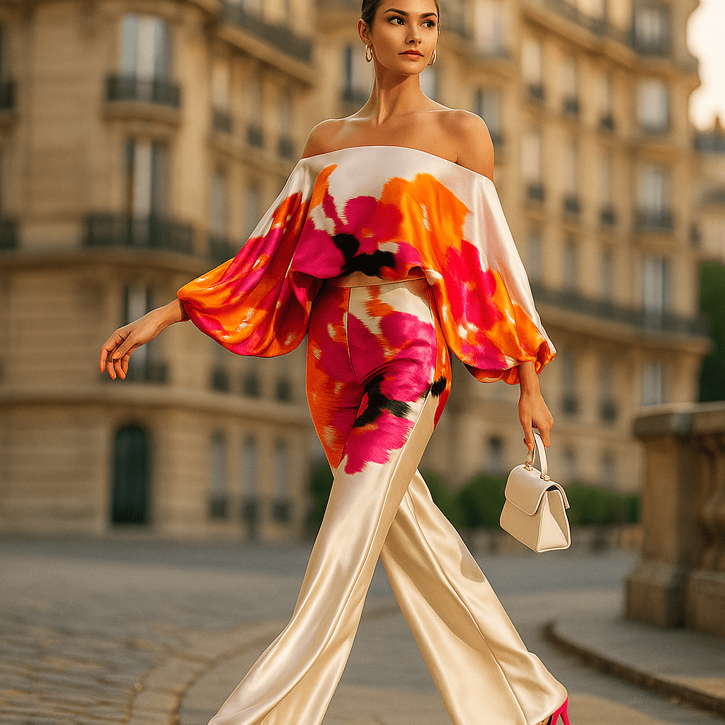 Elegancki Satynowy Zestaw Damski - Asymetryczny Top - Szerokie Spodnie - vivano - warszawa