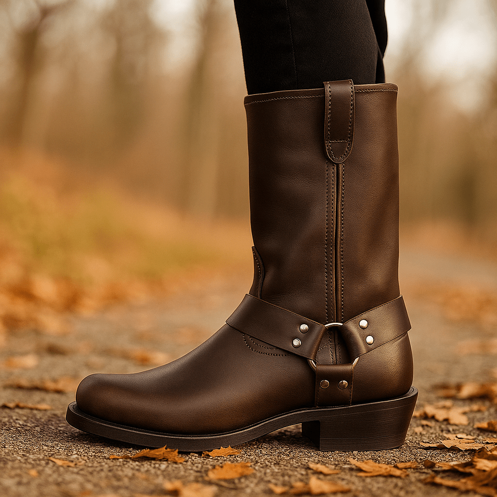 Kobiece Botki do Łydki – Skórzany Harnisk – Klamra i Nity - vivano - warszawa