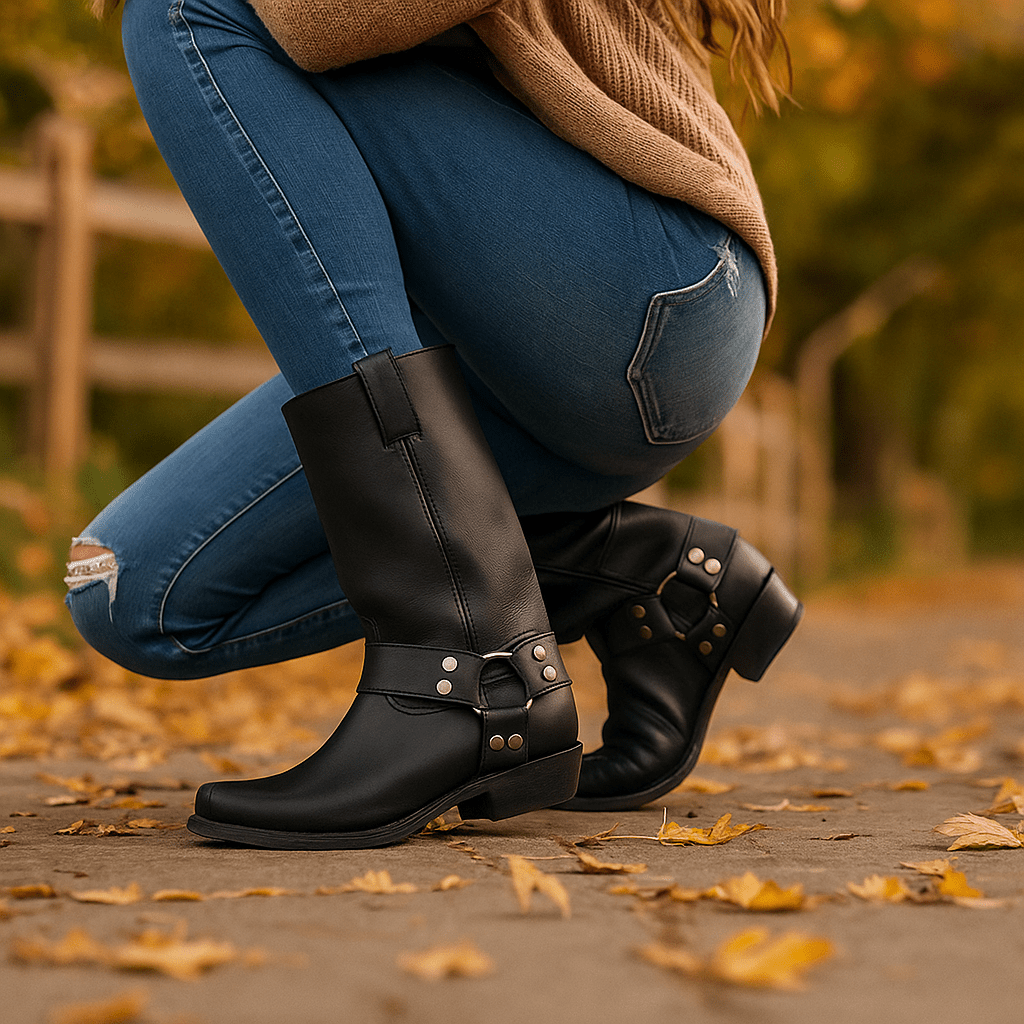 Kobiece Botki do Łydki – Skórzany Harnisk – Klamra i Nity - vivano - warszawa